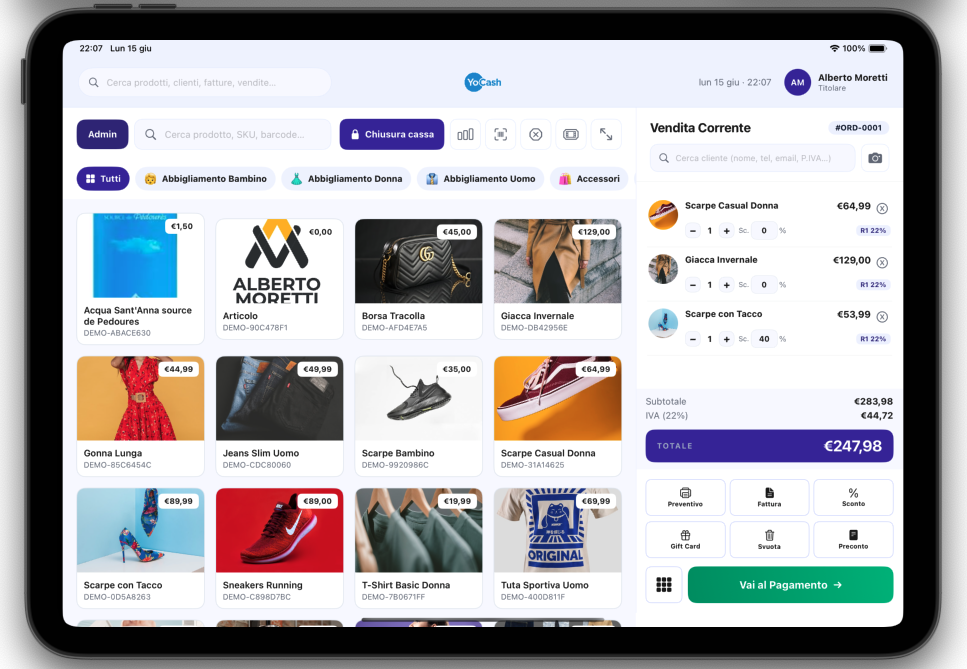 Schermata cassa YoCash su tablet